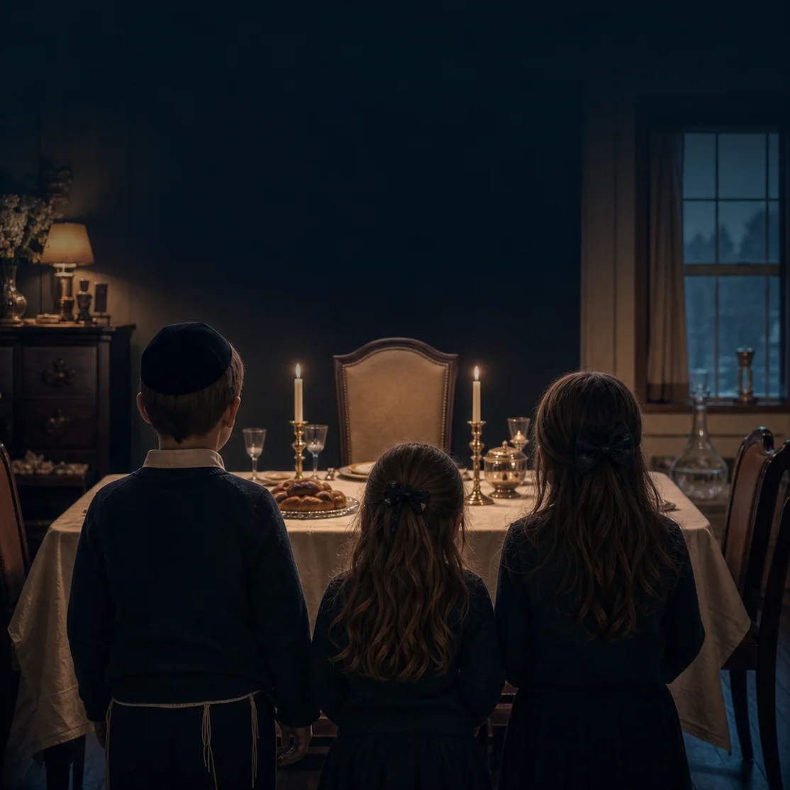 Three children facing an empty chair at a Shabbos table